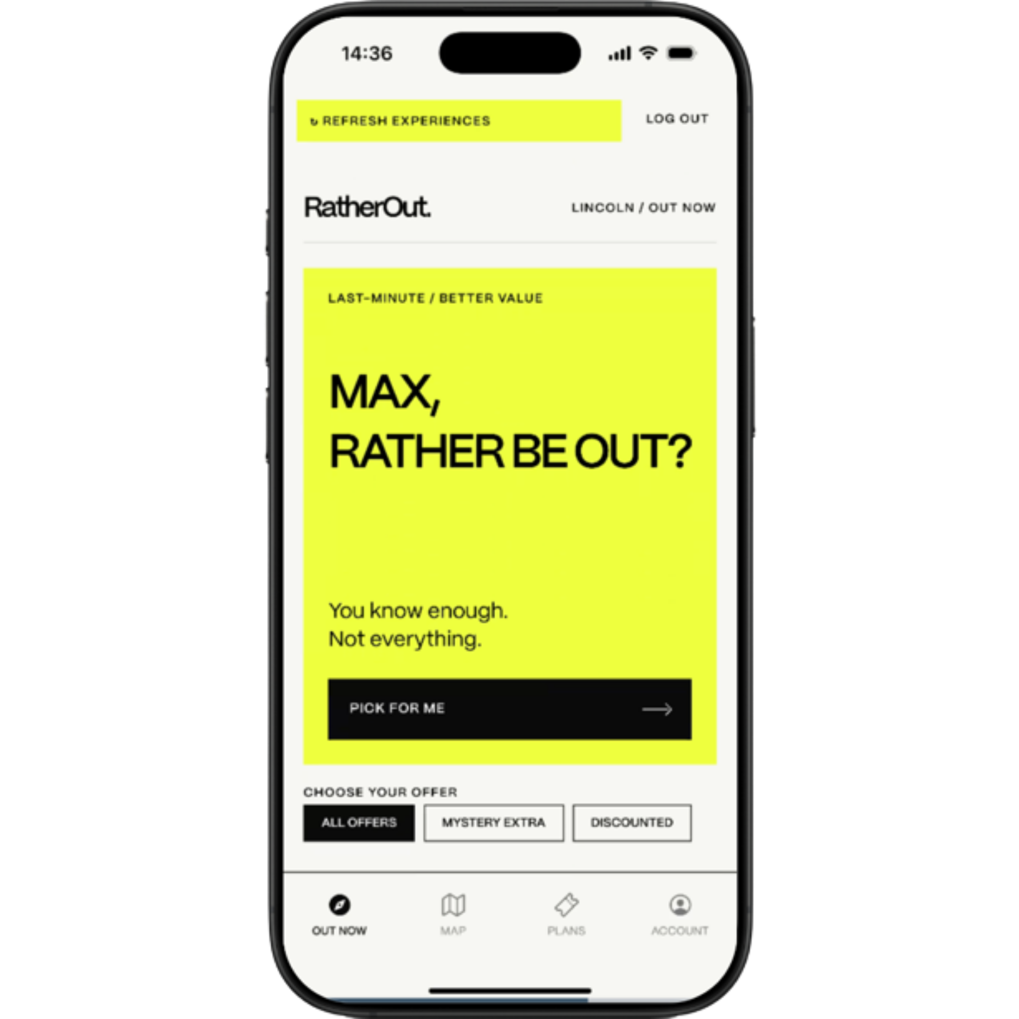 RatherOut app home screen