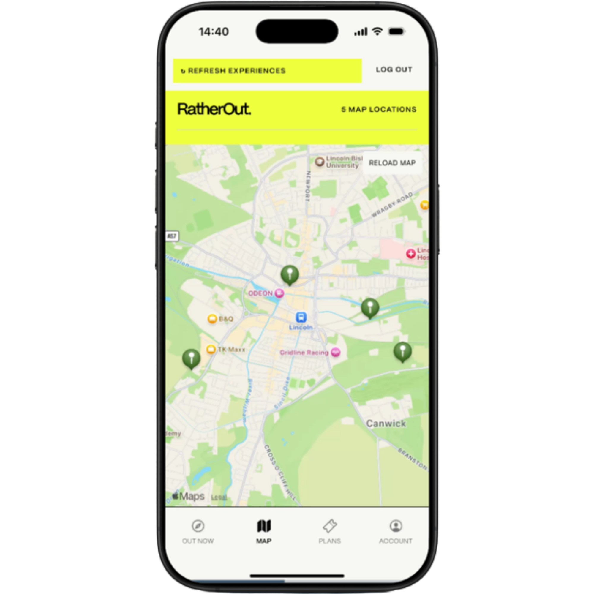 RatherOut app home screen